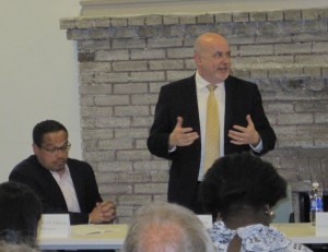 Rep. Keith Ellison (DFL-MN), left, and Mark Pocan (D-WI) talk to a group about their bill to provide a constitutional right to vote.