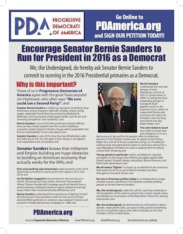 Original Bernie Run as a Democrat Flyer for PDA petition